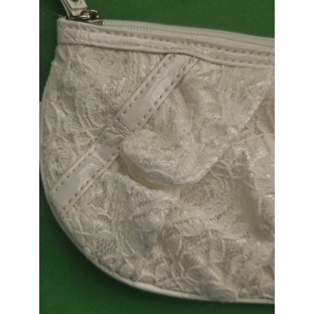 Ivory White Lace Ruffle Croc Embossed Wristlet Hoop Handle Evening Clutch Bag